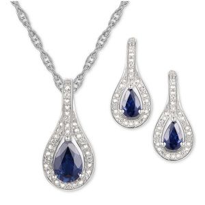 Sapphire & Diamond Pendant Necklace & Matching Drop Earrings New 2 pc. set